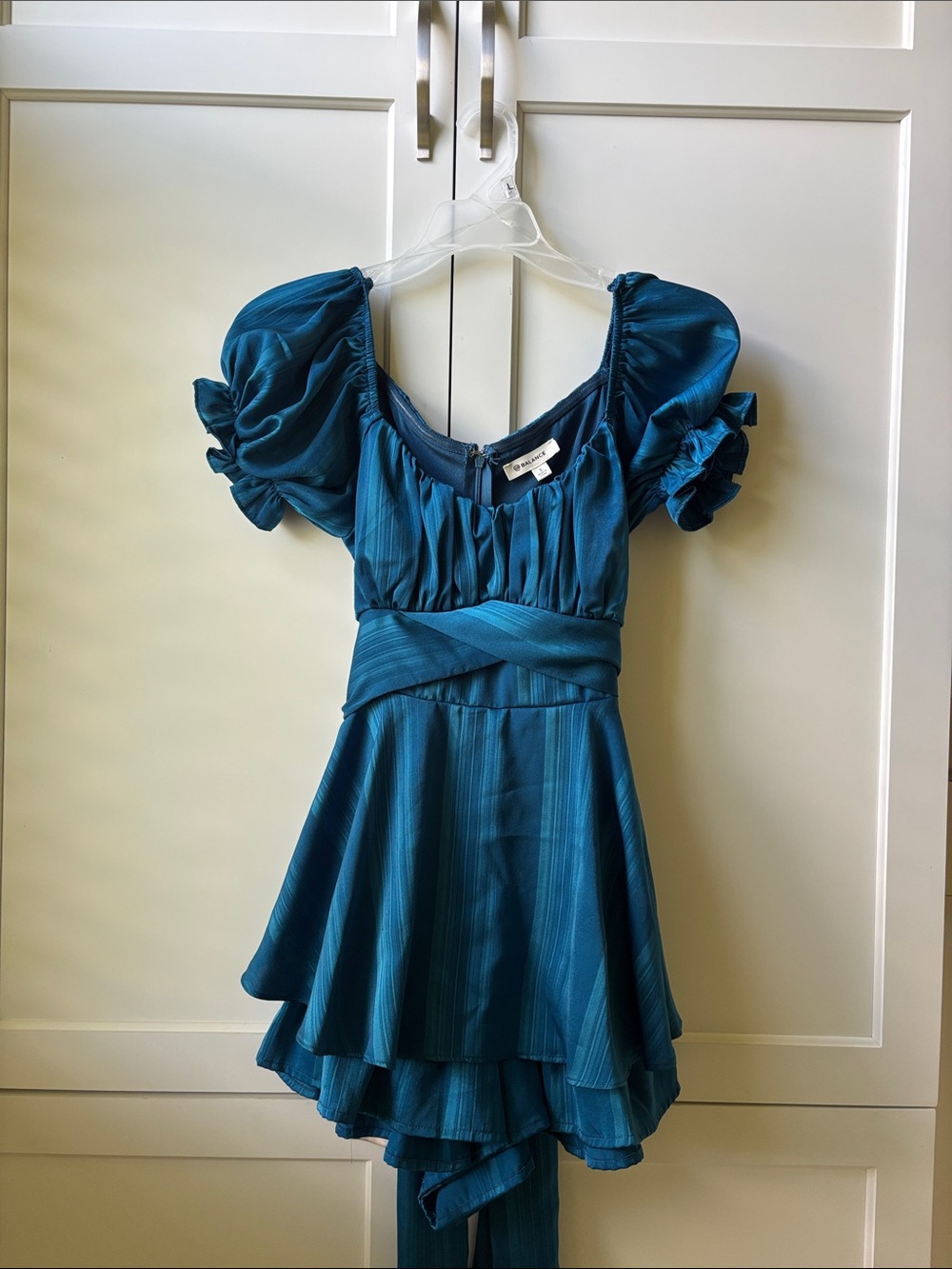 Teal Puff-Sleeve Girls' Dress with Waist Sash